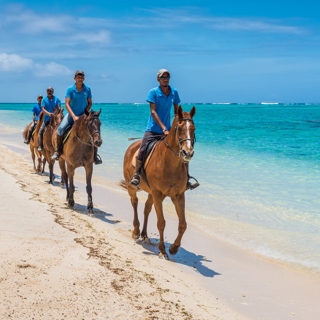 Le Morne, Mauritius - December 7, 2015: Men ride horses on the Le Morne Beach, one of the finest beaches in Mauritius and the site of many tourism facilities.