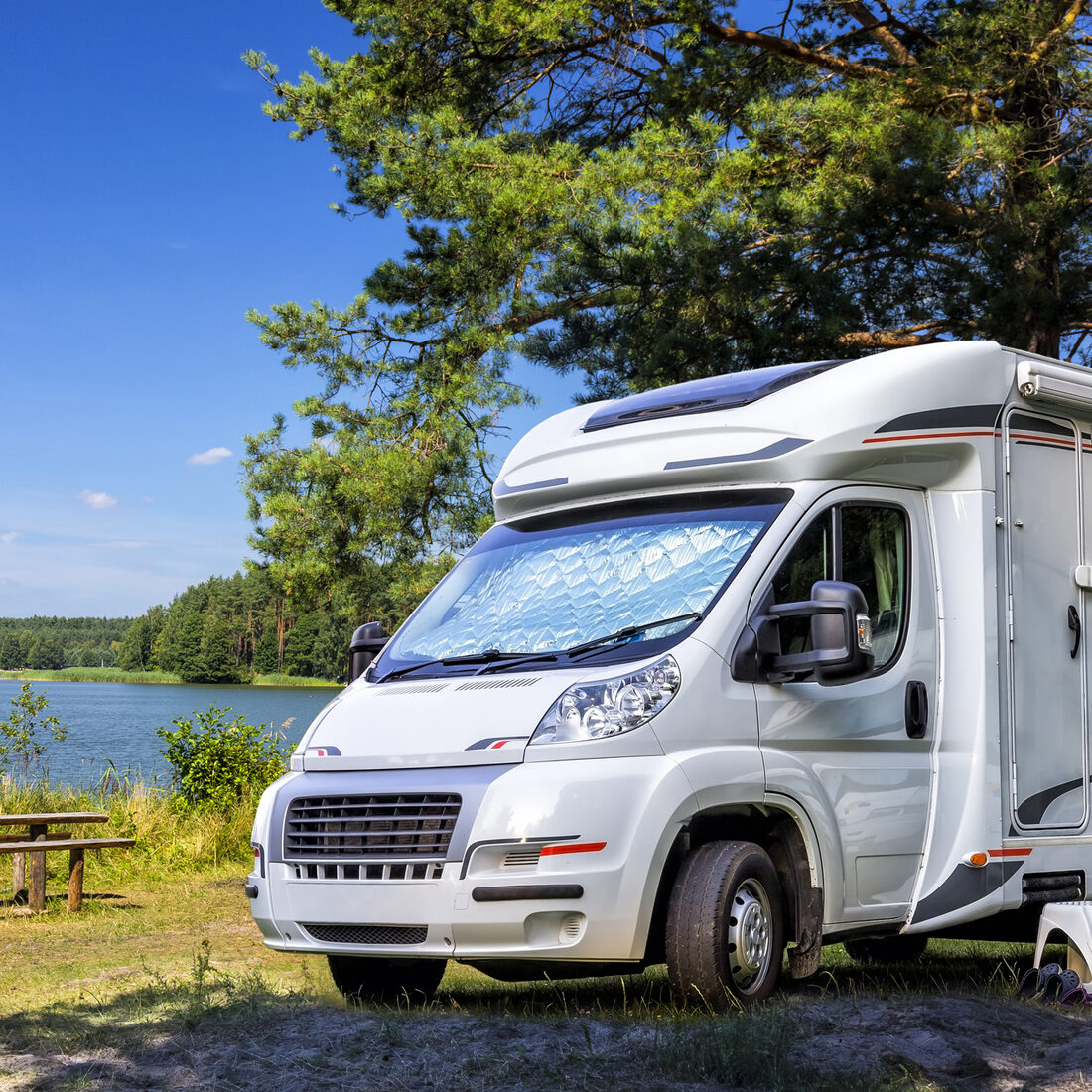 Holiday with motor home at the lake, Warmia-Masuria Province, Poland